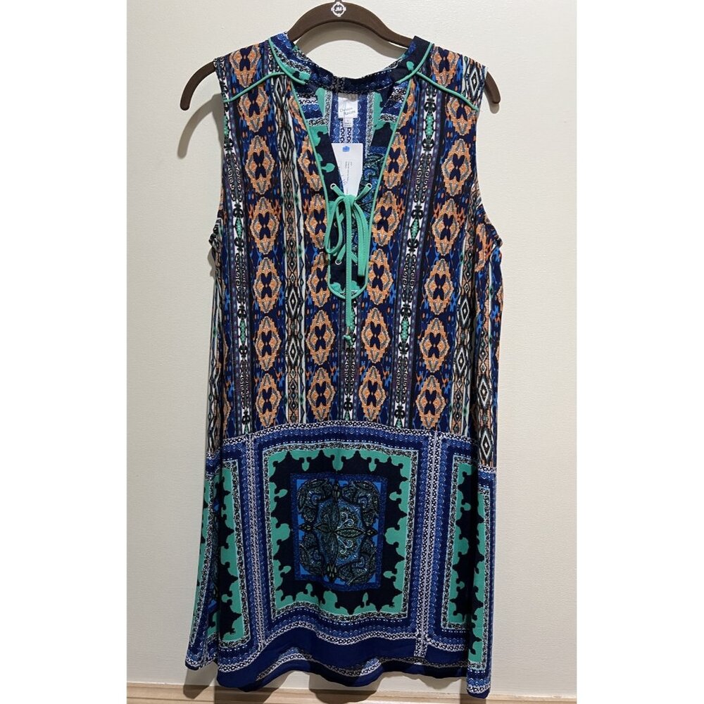 Boutique Charmer Lace-Up Dress Blues, Green Multi Color ~ Large New With Tags